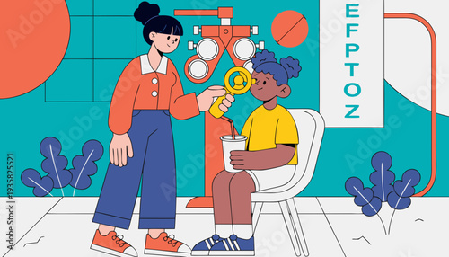 Vector illustration of a happy family with a mother, son, and daughter sitting at a cafe table in the city while a fashion business woman works in a modern office room