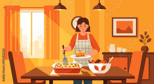Woman serving delicious food from a baking dish.