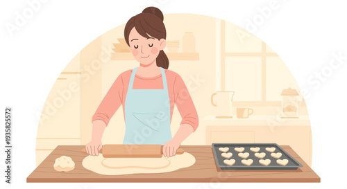 Woman rolling dough for baking cookies with heart shapes.