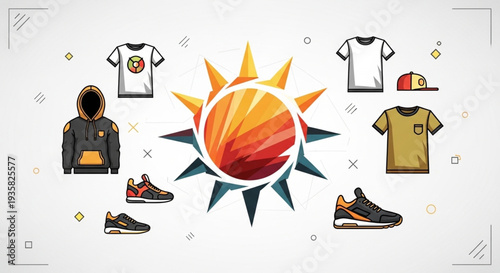 Collection of Apparel and Accessories with a Central Sun Design.