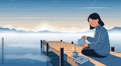 Woman sitting on a dock with a book and tea.