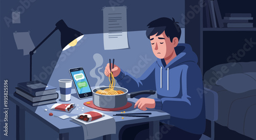 Young man eating noodles at desk late at night.