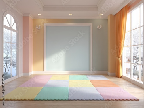 Cozy room with pastel walls and large windows. Colorful puzzle mat covers the wooden floor. Natural light streams in from both sides. Arched window on left, curtain on right