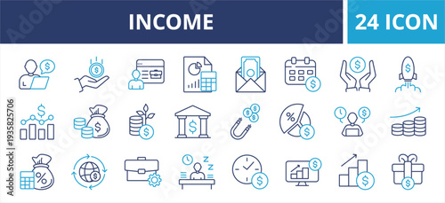 Income web banner icon set outline multistyle vector illustrations concept, including money, payment, earnings, pension, economy, bonus, dividend, tax, accounting, financial and more. Editable stroke 