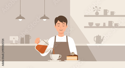 Barista pouring tea into cup with care.