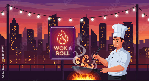 Chef cooking delicious food in a wok with flames.