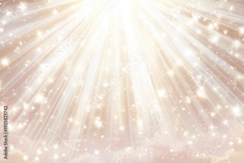 천상의 빛줄기가 반짝이는 입자와 함께 부드럽게 쏟아져 내리는 몽환적인 배경
