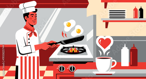 Chef cooking eggs and coffee with heart steam.