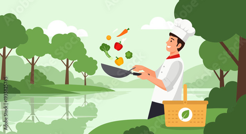 Chef cooking fresh vegetables outdoors with a picnic basket.