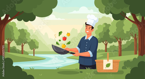 Chef cooking healthy food outdoors in a park setting.