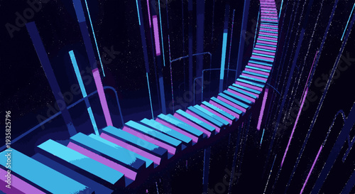 Futuristic neon piano keyboard stairs with blue and pink glowing keys in a dark abstract environment with vertical lines and vibrant