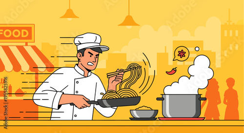 Chef frantically cooking noodles in a busy kitchen environment.