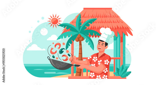 Chef preparing tropical seafood dish by the beach.