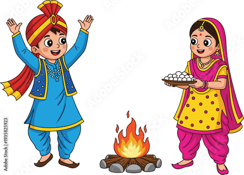 Set of cute cartoon Punjabi children characters wearing traditional clothing celebrating around bonfire for Lohri festival Indian cultural vector illustration