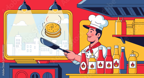 Chef holding a frying pan with pancakes on screen.