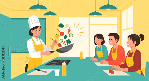 Chef teaching cooking class with students watching attentively.