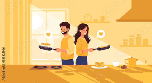 Couple cooking together in kitchen making pancakes.