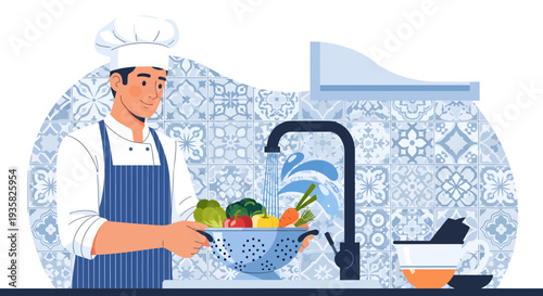 Chef washing fresh vegetables in a colander under a faucet.
