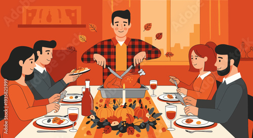 Family gathered for Thanksgiving dinner carving turkey.