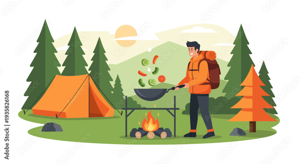 Naklejka premium Man cooking food outdoors during camping trip.