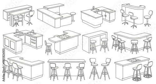 Collection of Bar Counter Designs and Stools Hand Drawn Sketch Style.