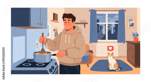 Man cooking food in kitchen with cat watching.