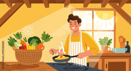 Man cooking healthy breakfast in a bright kitchen.