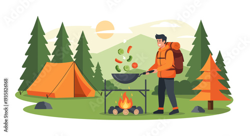 Man cooking food outdoors during camping trip.