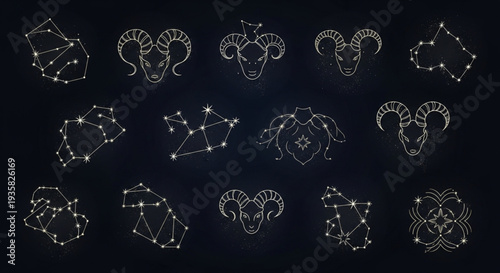 Collection of Aries Zodiac Sign Illustrations - Constellations and Ram Heads.