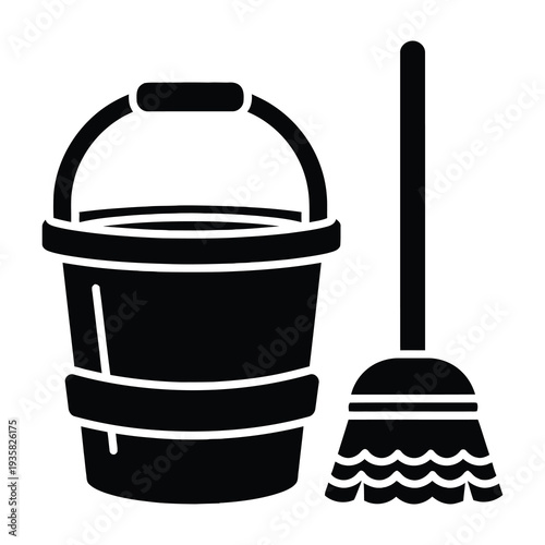 Black and white bucket and mop icon for cleaning concepts on solid background