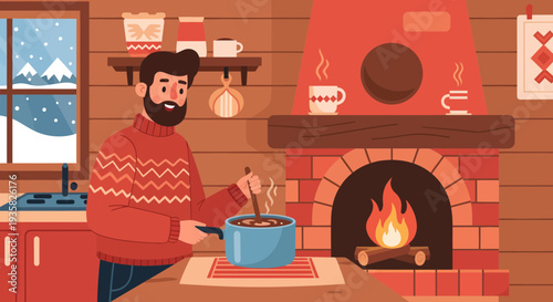 Man cooking hot beverage near fireplace in cozy cabin.