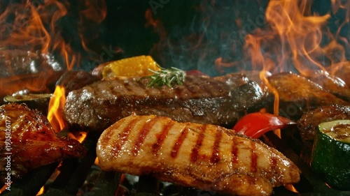 Slow Motion of Various BBQ Meat on a Grill with Roaring Flames . Camera Movement , Filmed on High Speed Cinematic Camera at 1000 FPS .