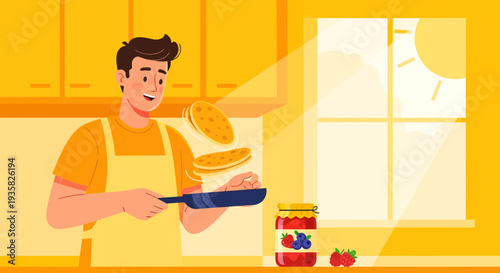 Man cooking pancakes in kitchen with sunlight.