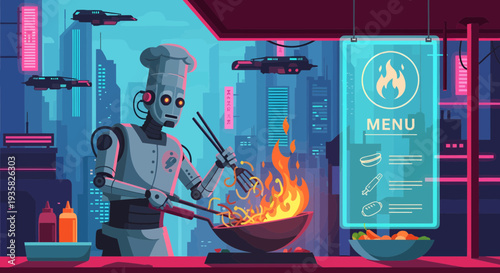 Robot chef cooking food in futuristic kitchen.