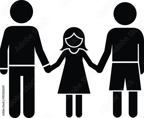 Vector illustration of happy family holding hands with parents and daughter as black silhouette icons for community and together concept on white