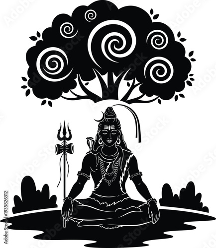 "Black and White Lord Shiva Meditative Silhouette Illustration Beneath Tree with Trident, Crescent Moon, Snake, and Mystical Patterns for Hindu Spiritual Art, Cultural Symbolism, and Religious Iconogr