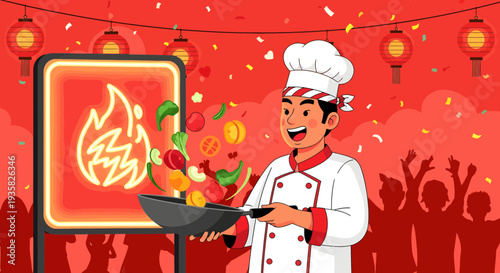 Skilled Chef Cooking Delicious Food in Wok.