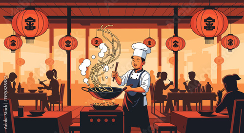 Skilled chef expertly cooks Asian cuisine in a wok.