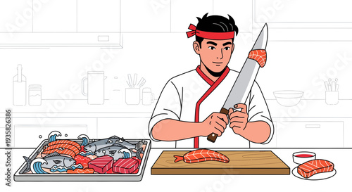 Skilled Chef Preparing Fresh Seafood for Culinary Masterpiece.