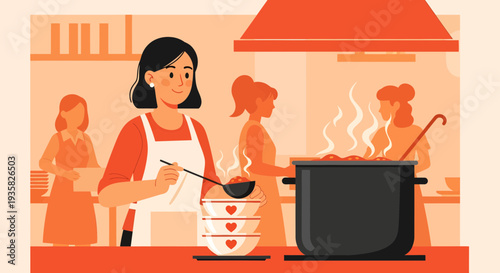 Woman cooking in a kitchen with friends.