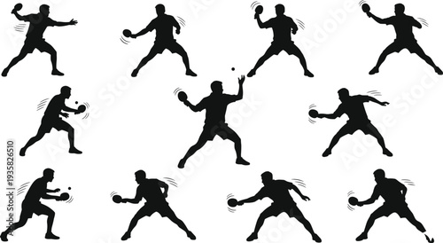 Table tennis player silhouettes set, male athlete playing ping pong in dynamic action poses, black vector illustration isolated on white background for sports design