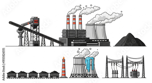 Coal power plant industrial complex with smoke stacks and cooling towers.
