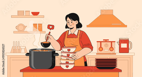 Woman cooking in kitchen with ladle and bowls.