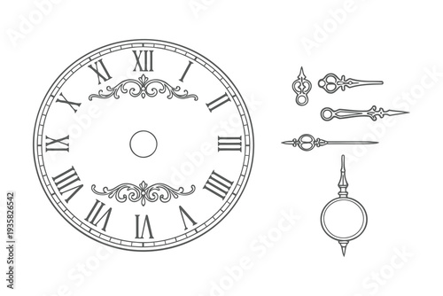 Elegant vintage pocket watch and its keychain accessories in monochrome line art