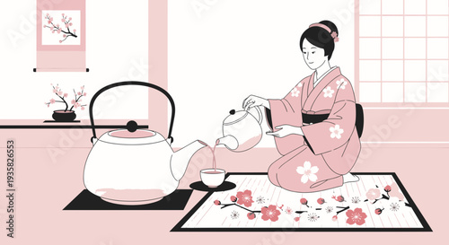 Woman in Kimono Performing Traditional Japanese Tea Ceremony.