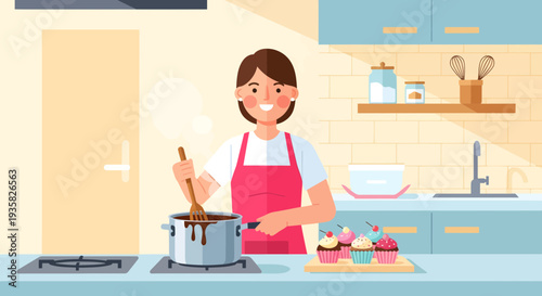 Woman happily cooking in a modern kitchen environment.
