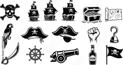 Pirate symbols illustration, skull and crossbones art, treasure chest design, pirate ship graphics, rum bottle icon, parrot silhouette, maritime adventure