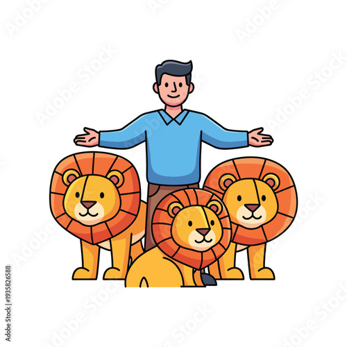 Man standing with arms outstretched among three lions in a simple cartoon illustration