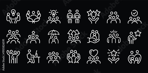 People crowd, person group, human resources, team work icons pack. Line signs office worker and employees group, staff people. Thin vector icons set for web and app outline pictograms editable stroke.