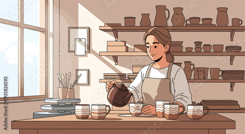 Woman pouring coffee into ceramic cups in a studio.